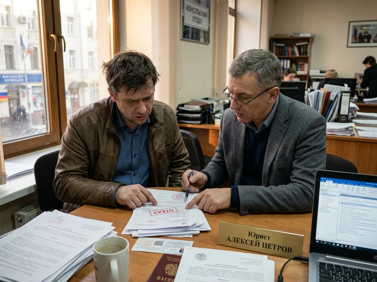 Мужчина расстроен отказом в консульстве, изучает документы с ошибками, юрист помогает найти решение