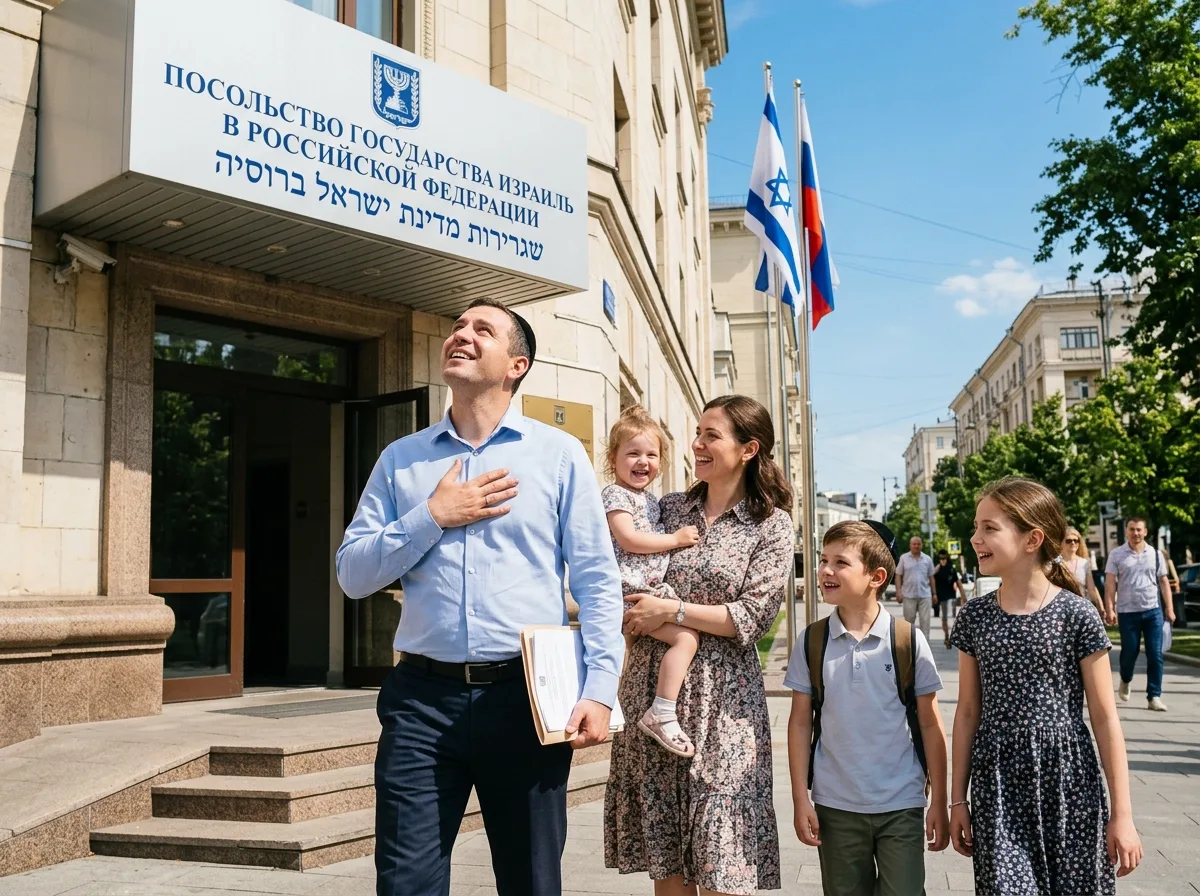 Мужчина с семьёй на выходе из посольства Израиля в Москве, вздох облегчения, солнечный день, успешно пройденная консульская проверка